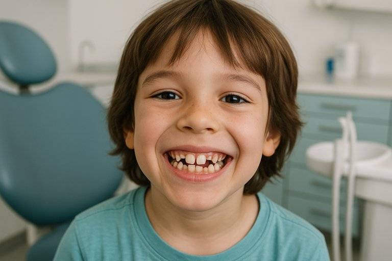 Smiling child showing teeth at a dental clinic.