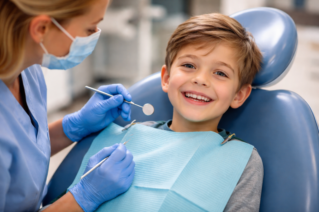 Child smiling during dental check-up with dentist